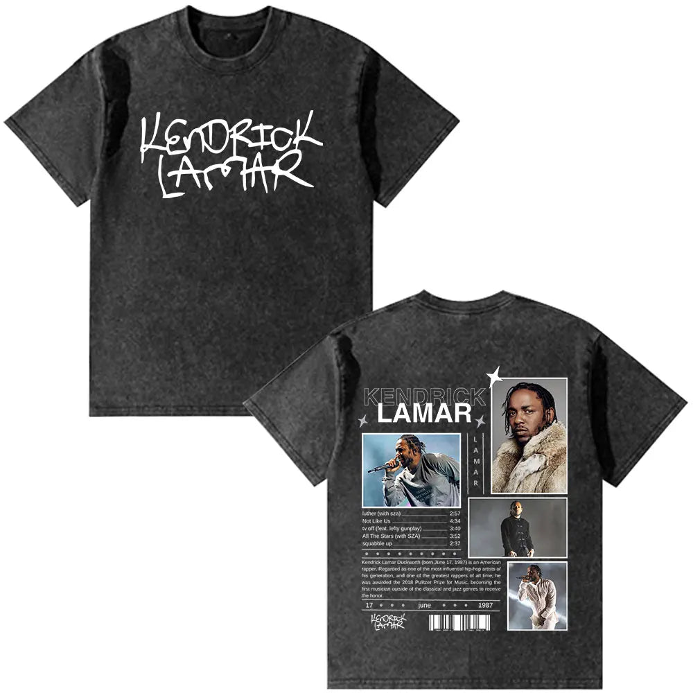 Black distressed cotton t-shirt with white graffiti rapper kendrick lamar text and vintage washed oversized back print
