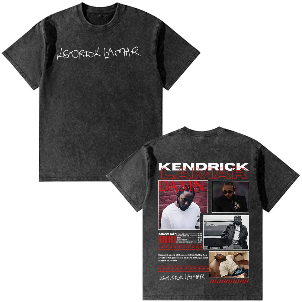Black cotton rapper kendrick lamar vintage washed oversized t-shirt with white and red fashion hip hop graphic design