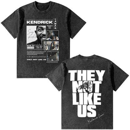 Black distressed cotton t-shirt featuring rapper kendrick lamar graphic and vintage washed oversized hip hop fashion design