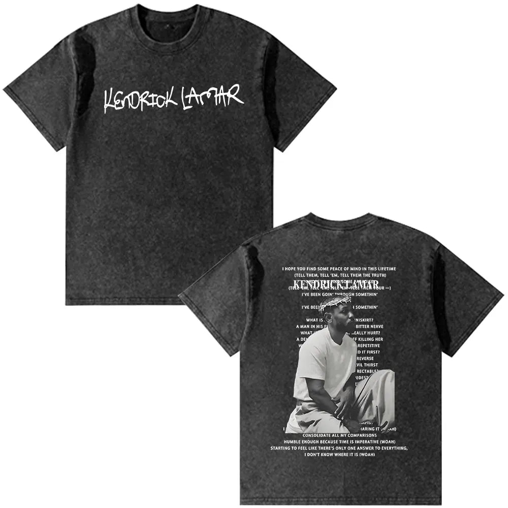 Black distressed cotton t-shirt featuring rapper kendrick lamar vintage washed oversized style and back graphic print