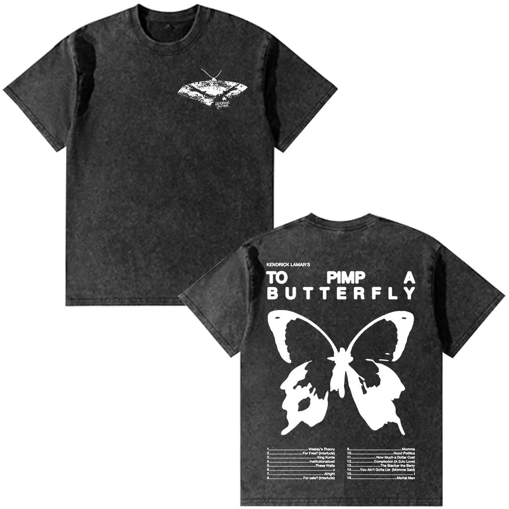 Black distressed cotton rapper kendrick lamar t-shirt with white butterfly graphic and vintage washed oversized fit