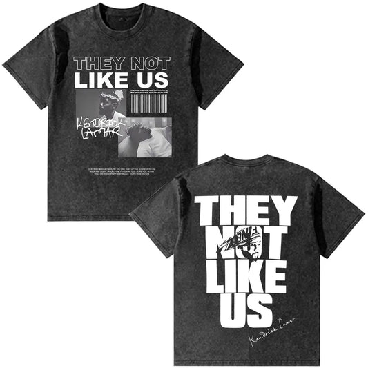 Black distressed cotton t-shirt featuring rapper kendrick lamar with bold white they not like us graphic fashion hip hop vintage washed oversized