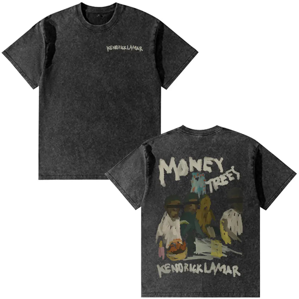 Black distressed cotton rapper Kendrick Lamar vintage washed oversized t-shirt with money trees graphic print for fashion hip hop