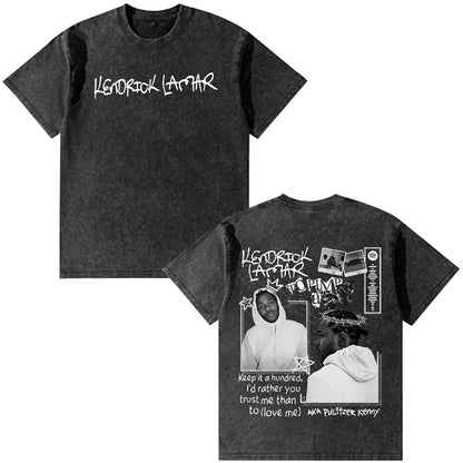 Back of black distressed cotton rapper kendrick lamar vintage washed oversized t-shirt with white graffiti text and photo prints