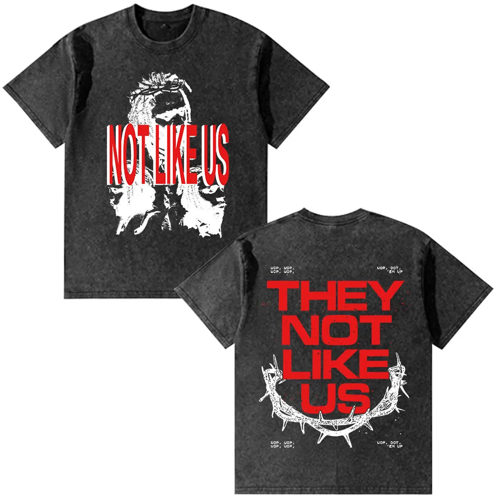 Black distressed cotton t-shirt with bold red and white graphic prints vintage washed oversized fashion hip hop rapper kendrick lamar