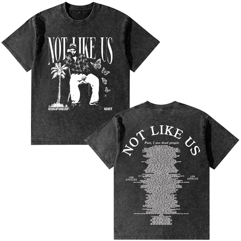 Black distressed cotton t-shirt with white kung fuenn graphic and lyrics on back vintage washed oversized fashion hip hop