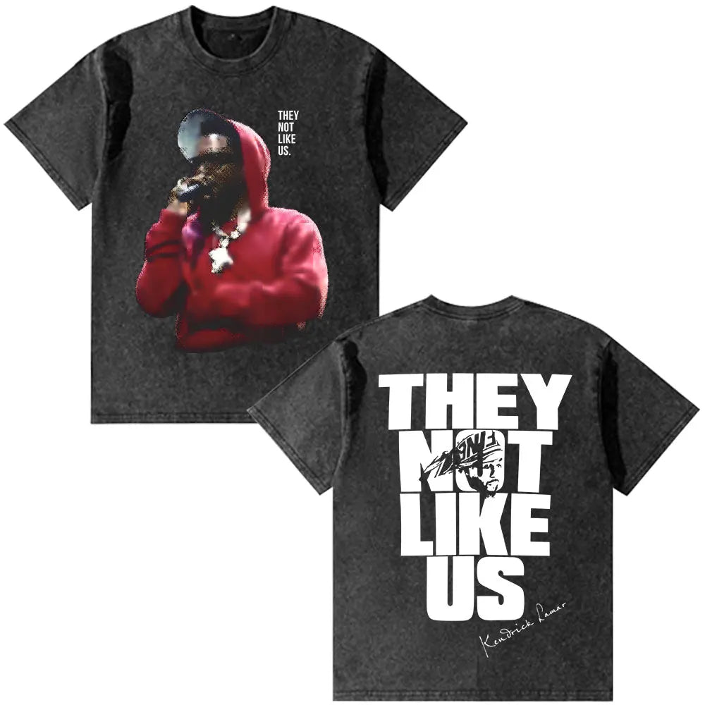 Black distressed cotton t-shirt with rapper kendrick lamar graphic in red hoodie and vintage washed oversized fashion hip hop style