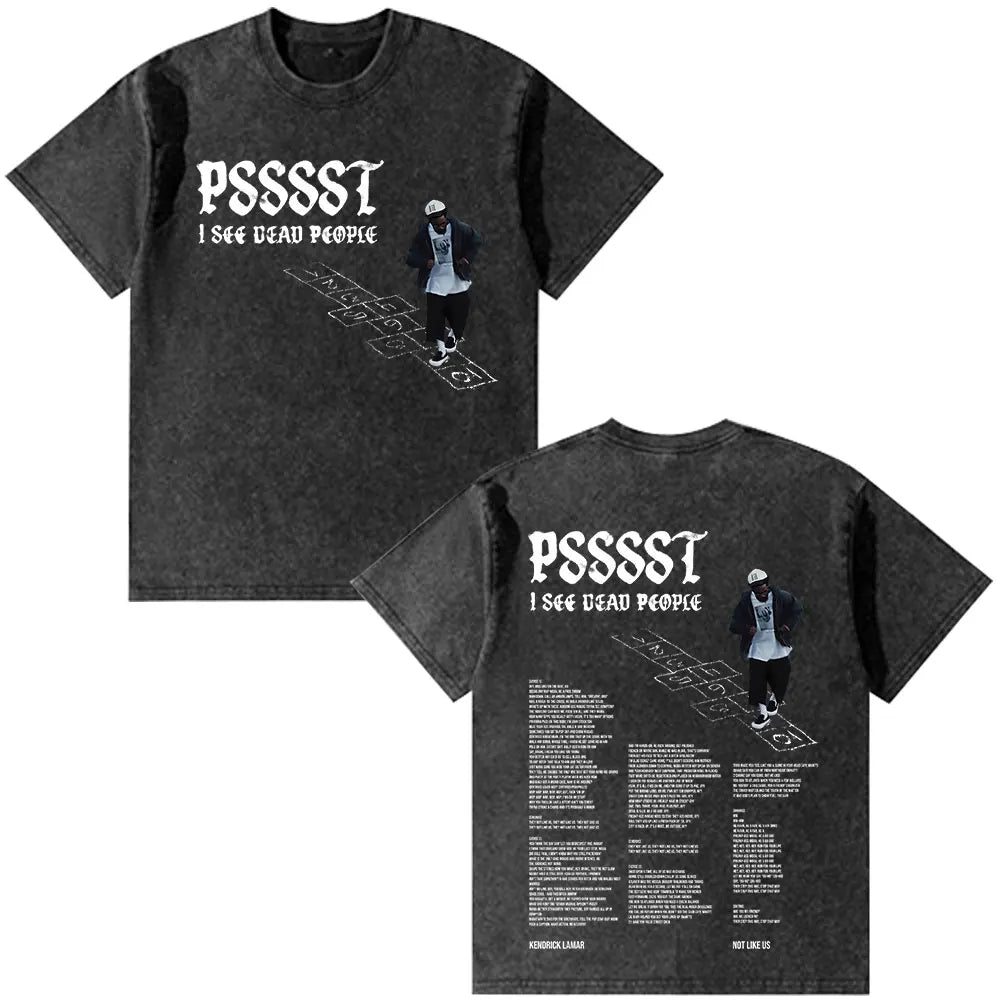 Black distressed cotton t-shirt with white graphic and text featuring rapper kendrick lamar vintage washed oversized fashion hip hop style