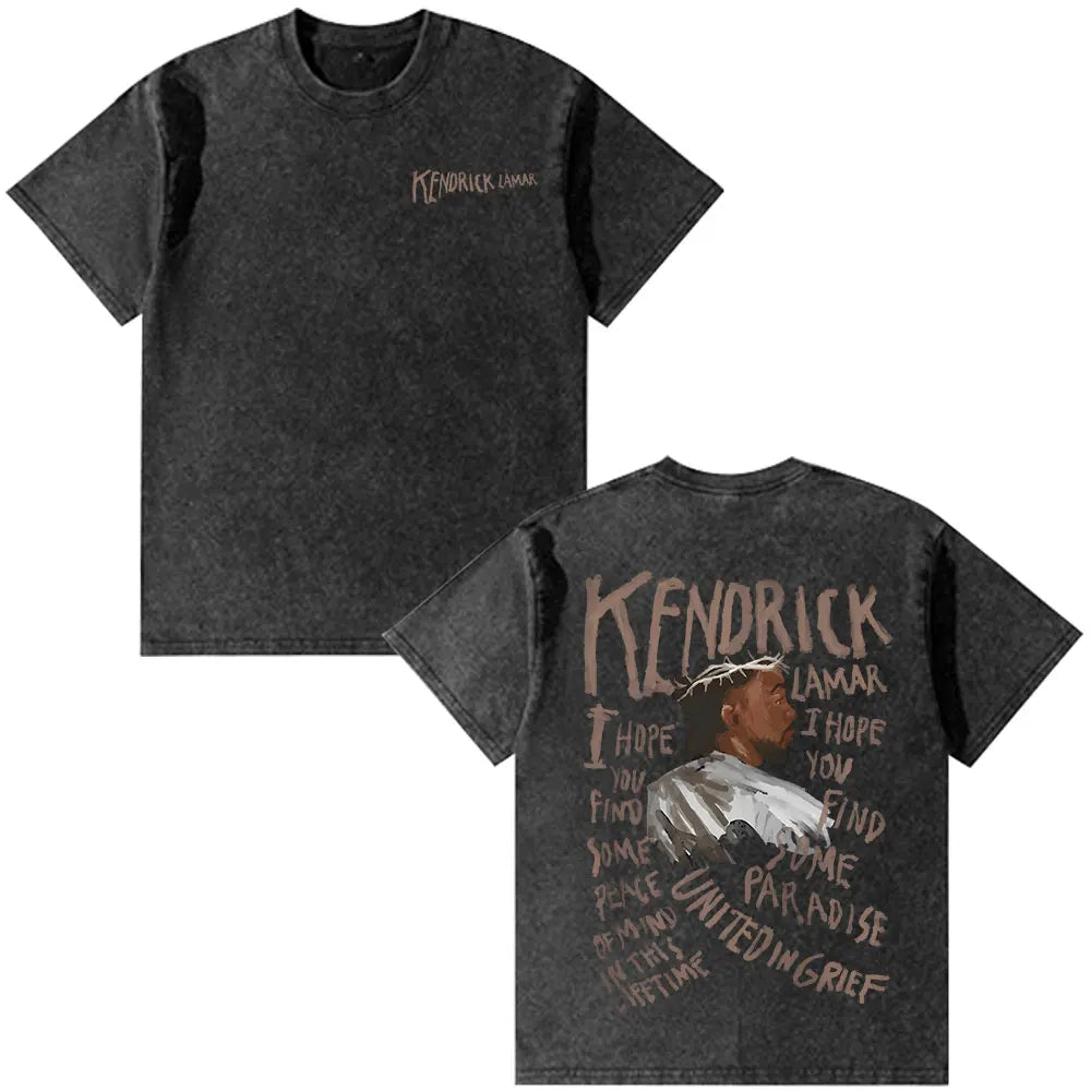 Black distressed cotton t-shirt featuring rapper kendrick lamar graphic on back vintage washed oversized fashion hip hop style