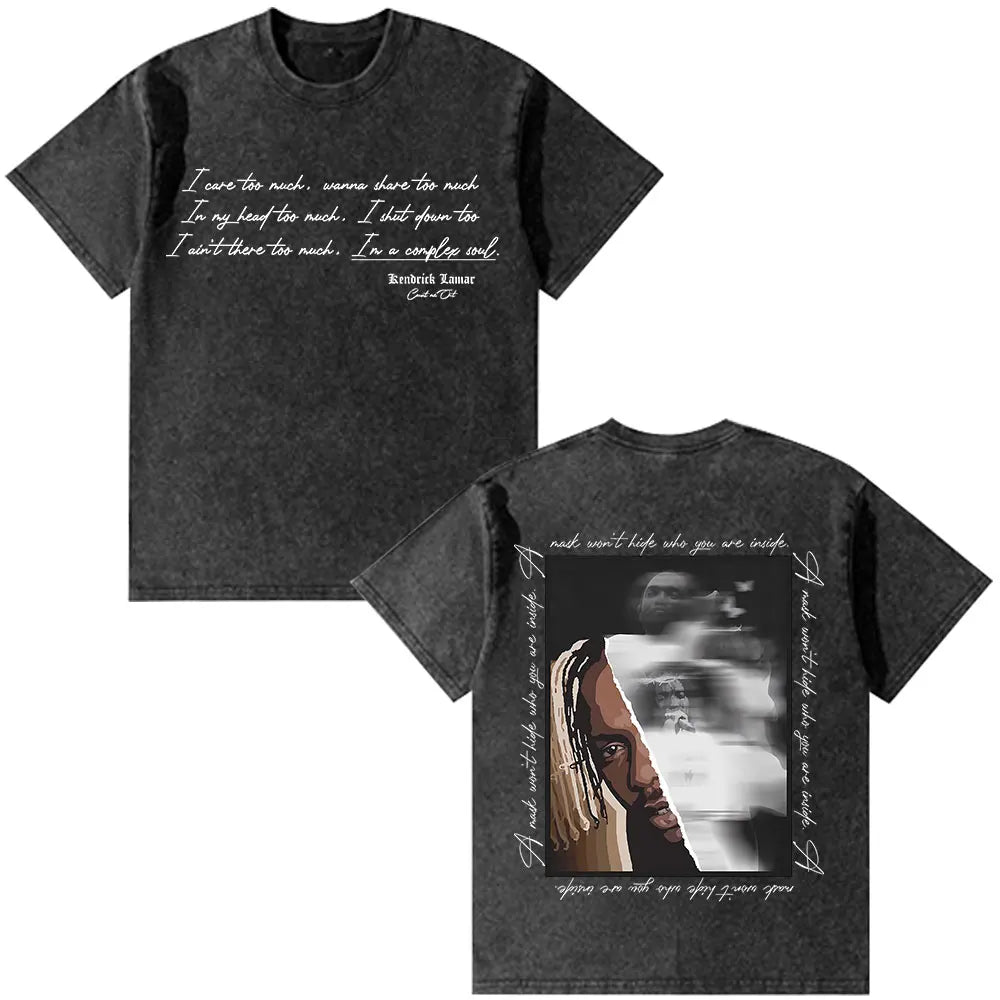 Black distressed cotton t shirt with rapper kendrick lamar graphic on back and gods plan lyrics front vintage washed oversized fashion hip hop