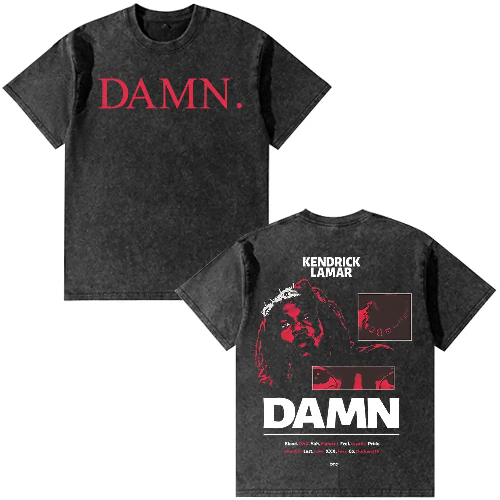 Black distressed cotton t-shirt with bold red white graphic and rapper kendrick lamar portrait vintage washed oversized fashion hip hop
