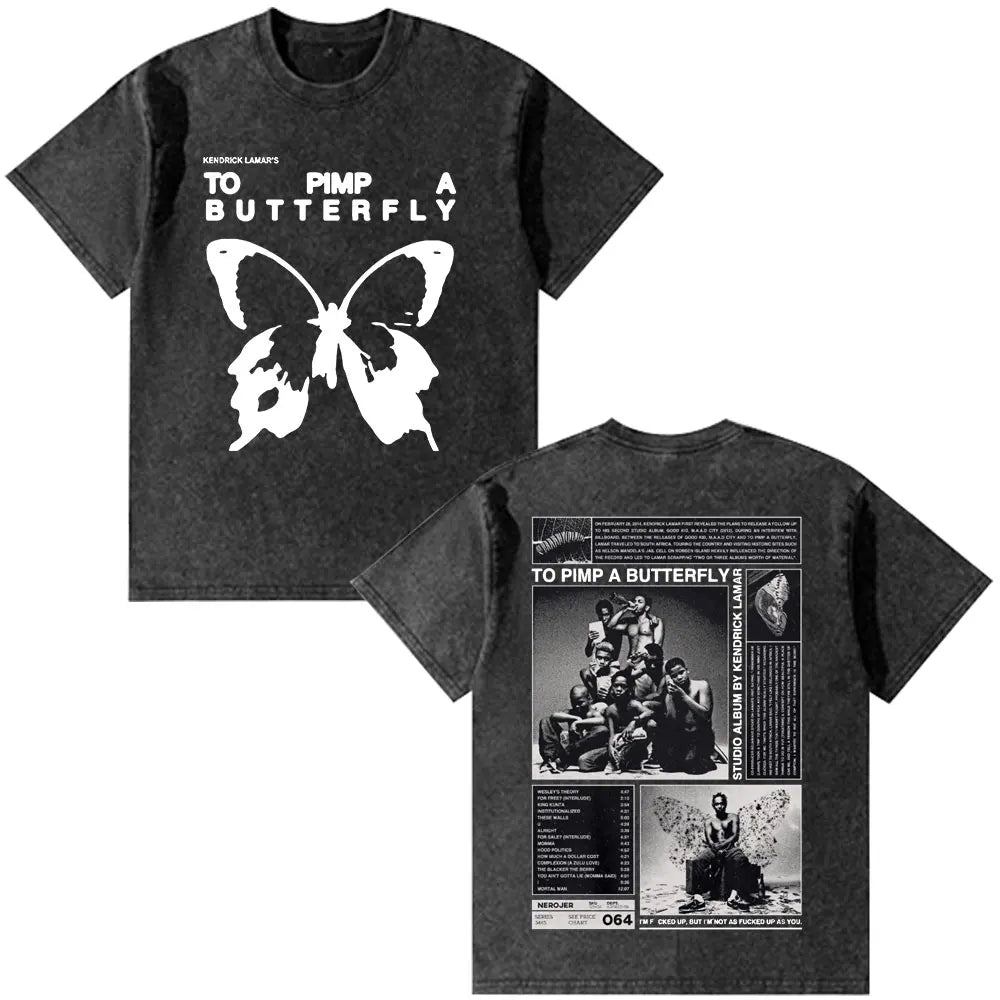 Black cotton vintage washed oversized t-shirt featuring rapper kendrick lamar butterfly graphic and album art on back