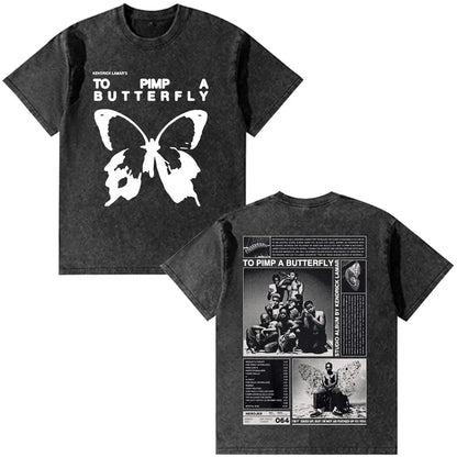 Black cotton vintage washed oversized t-shirt featuring rapper kendrick lamar butterfly graphic and album art on back