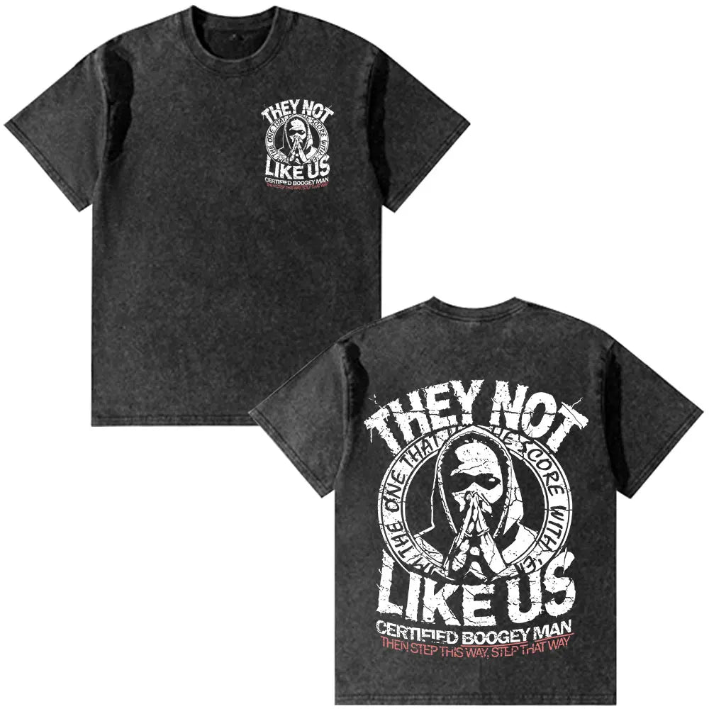Black distressed cotton t-shirt with white and red hooded figure graphic and they not like us text vintage washed oversized fashion hip hop rapper kendrick lamar