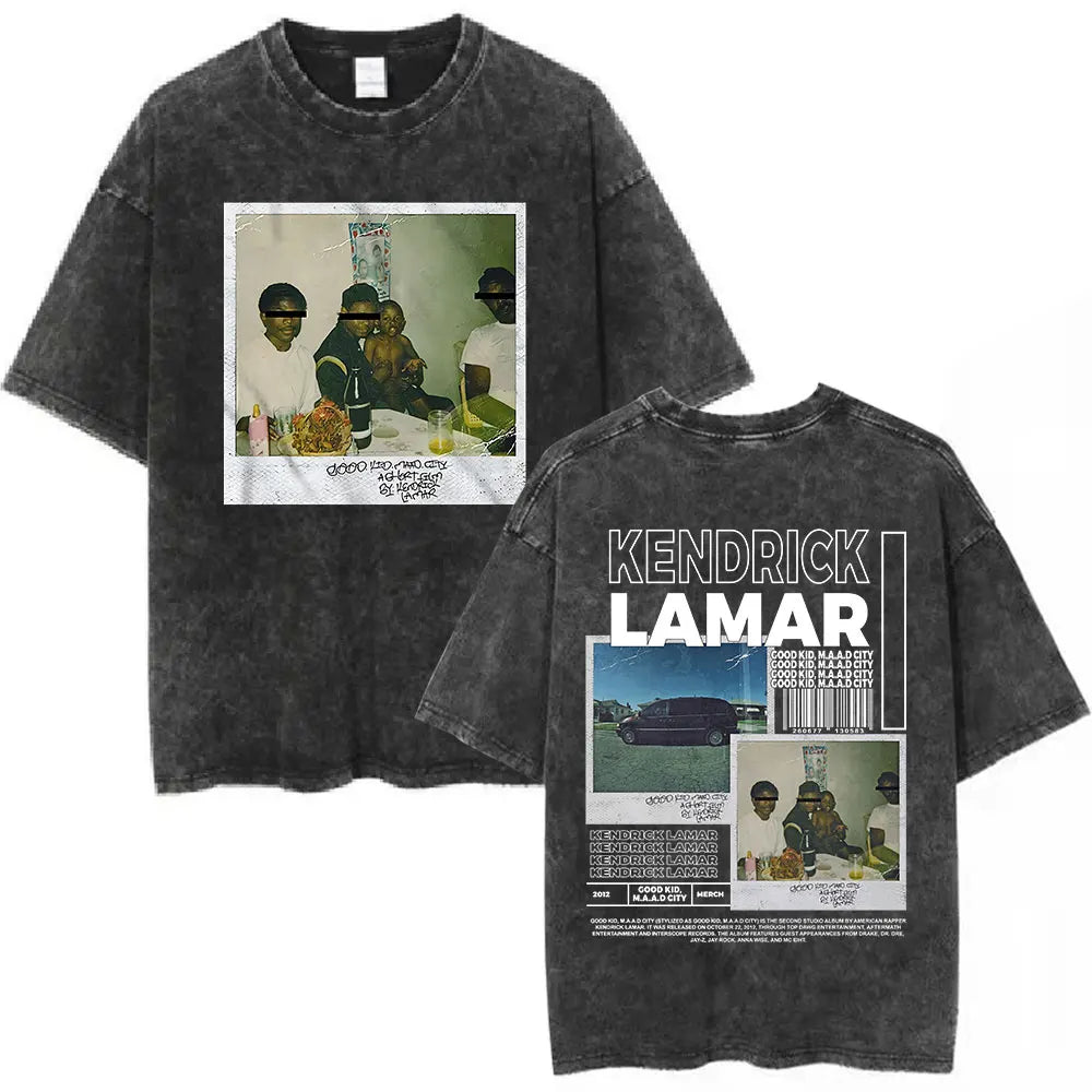 Black distressed cotton t-shirt with rapper kendrick lamar good kid maad city butterfly graphic for hip hop streetwear