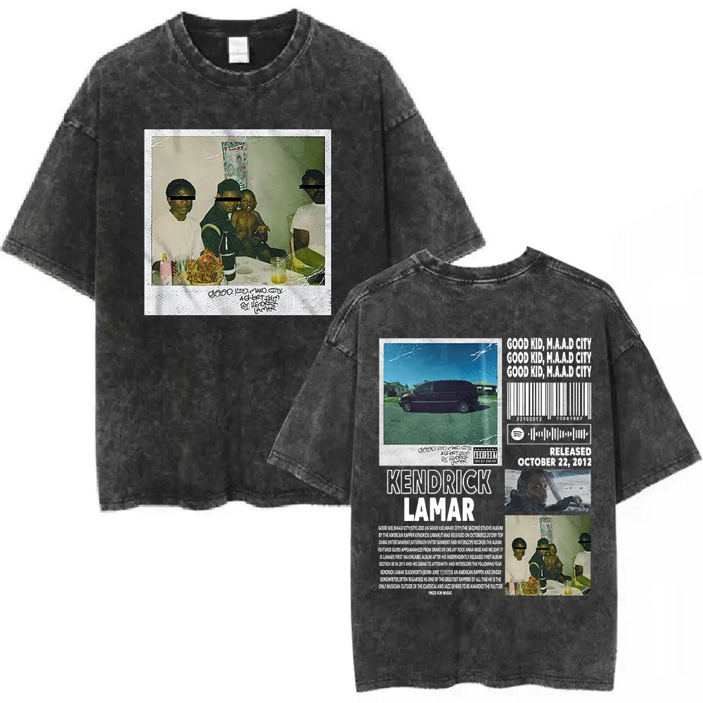 Black distressed cotton t-shirt featuring rapper kendrick lamar good kid maad city album art front and back butterfly graphic hip hop streetwear