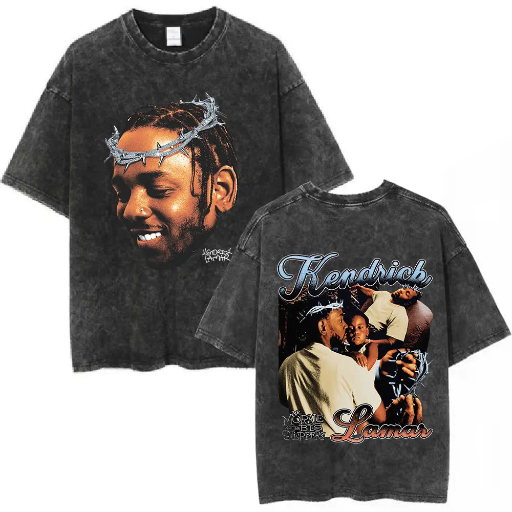 Black cotton oversized hip hop streetwear tee featuring rapper Kendrick Lamar butterfly graphic portrait with back group photo