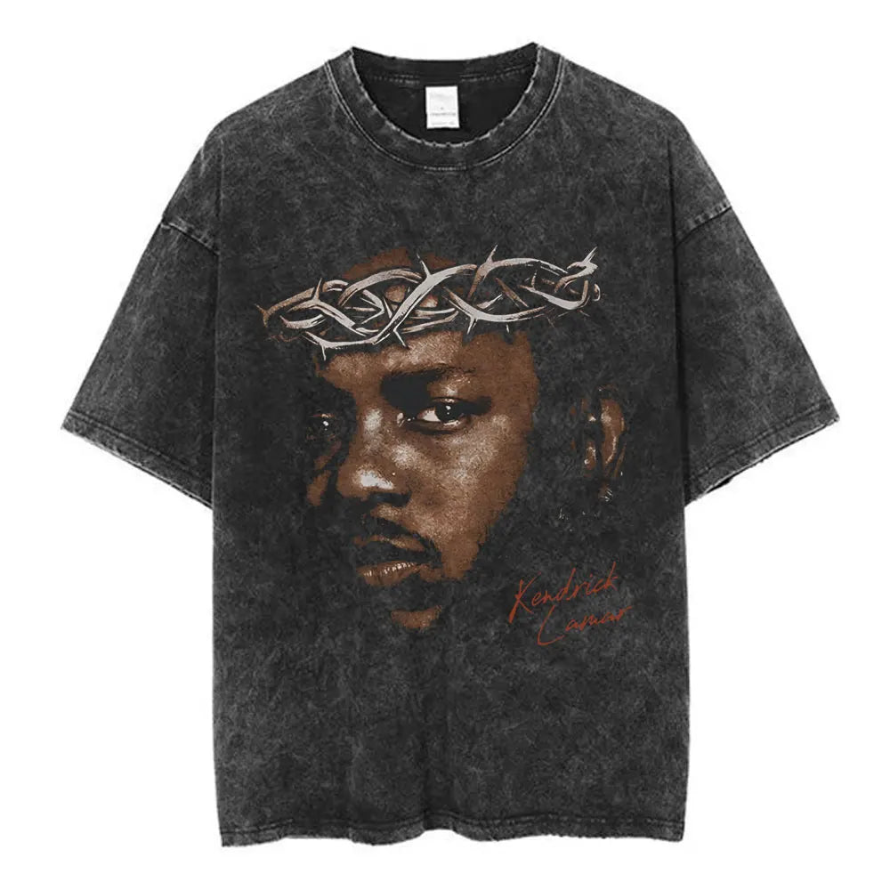 Black distressed cotton t-shirt featuring rapper kendrick lamar with butterfly graphic and red signature for hip hop streetwear