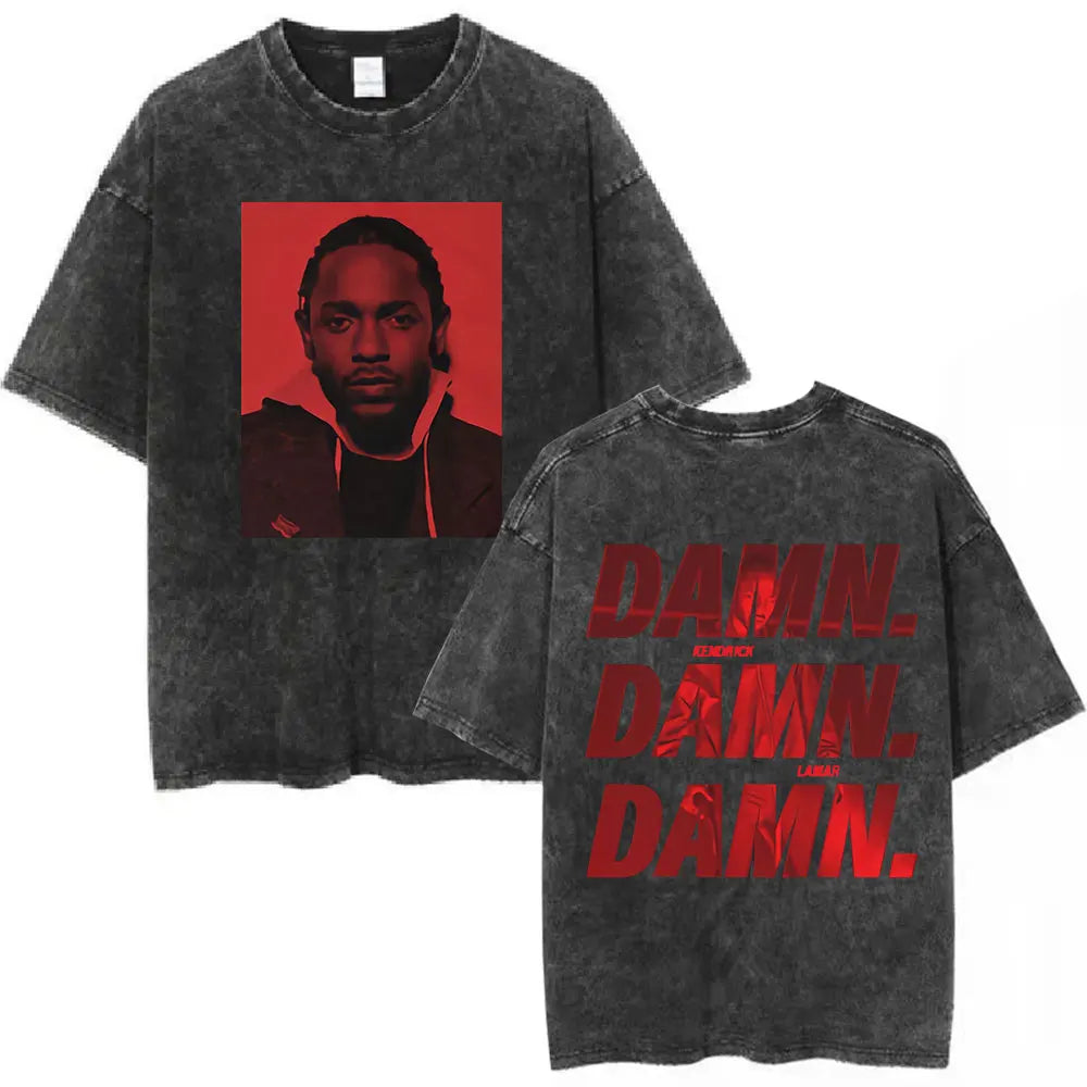 Black distressed cotton t shirt with red rapper kendrick lamar portrait and hip hop streetwear butterfly graphic design