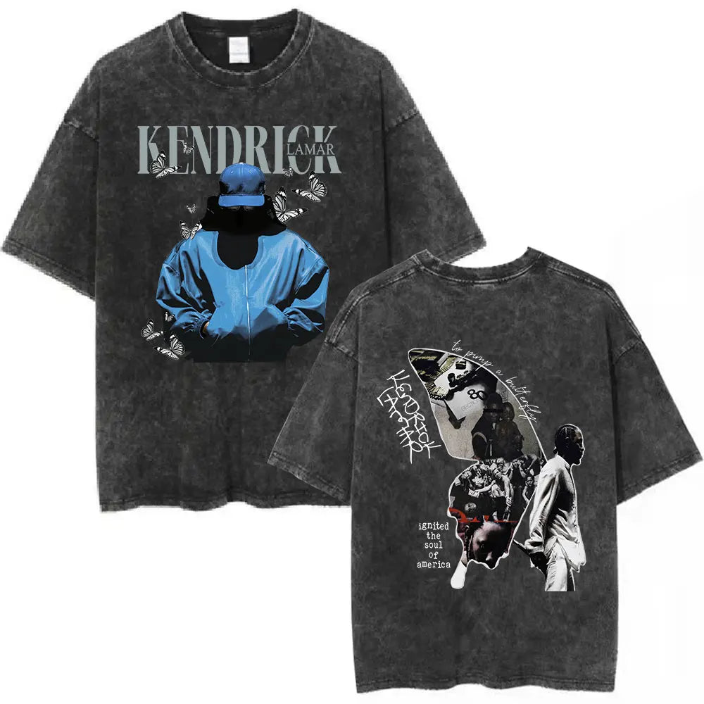 Black distressed cotton t-shirt featuring rapper kendrick lamar butterfly graphic and hip hop streetwear collage design back