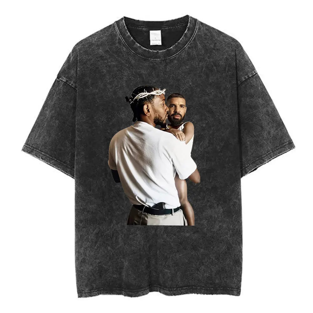Black distressed cotton t-shirt featuring rapper kendrick lamar hip hop streetwear with butterfly graphic and two men design