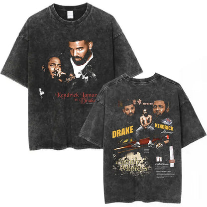 Black distressed cotton t shirt featuring vintage drake and rapper kendrick lamar butterfly graphic for hip hop streetwear