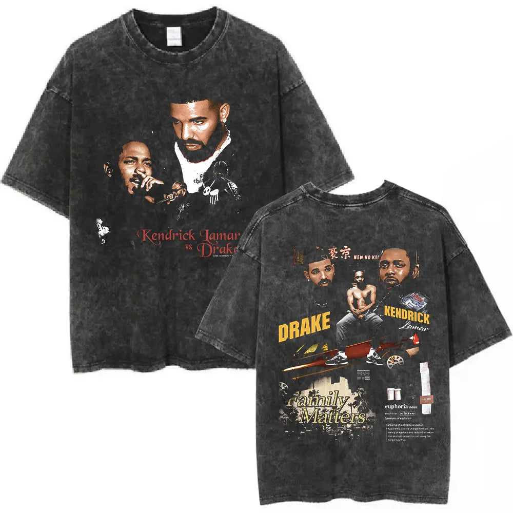 Black distressed cotton oversized tee featuring vintage rapper kendrick lamar and butterfly graphic for hip hop streetwear