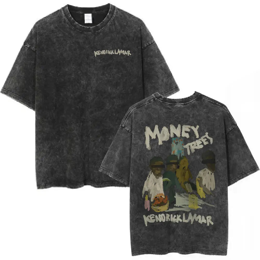 Black distressed cotton t shirt featuring money trees butterfly graphic and rapper kendrick lamar for hip hop streetwear