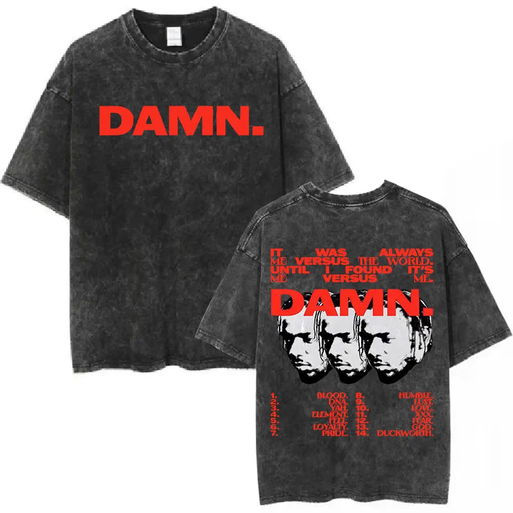 Black distressed cotton t-shirt featuring bold red damn text and butterfly graphic with three stylized faces for hip hop streetwear