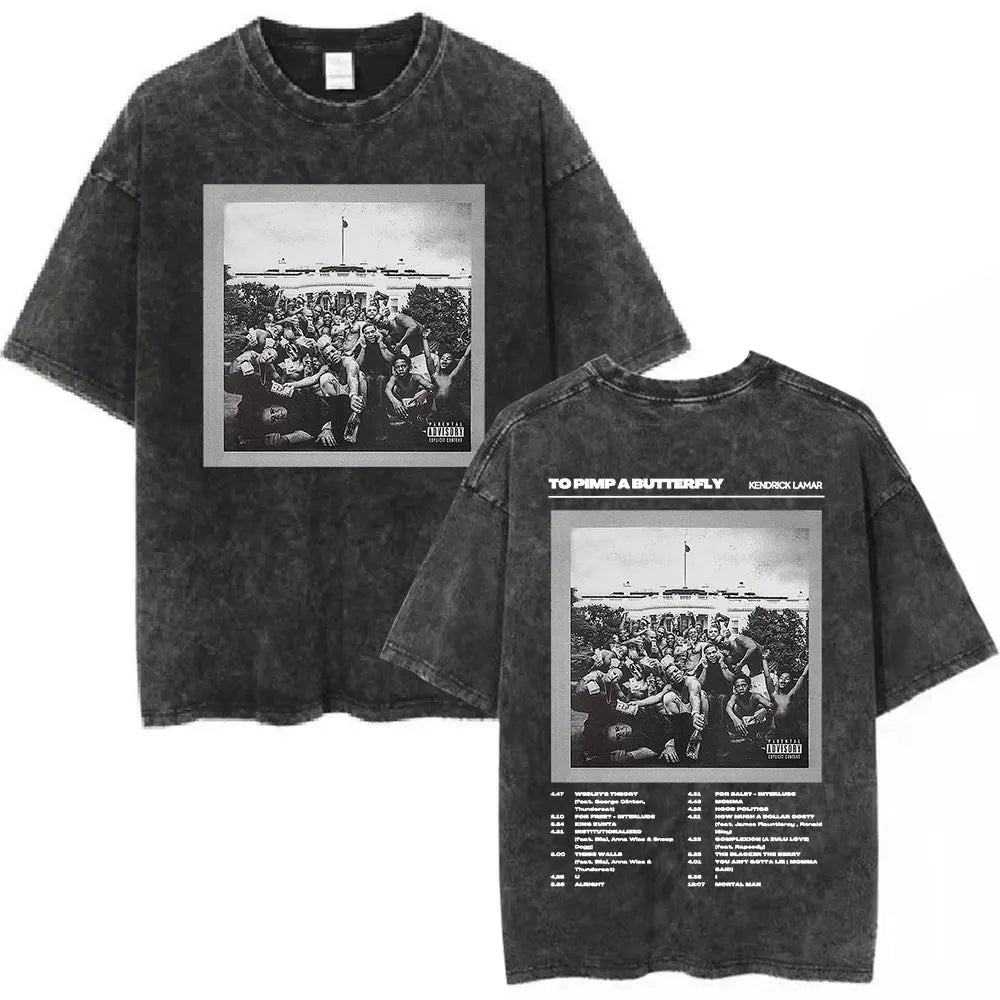 Black distressed cotton t-shirt featuring rapper kendrick lamar to pimp a butterfly graphic for hip hop streetwear