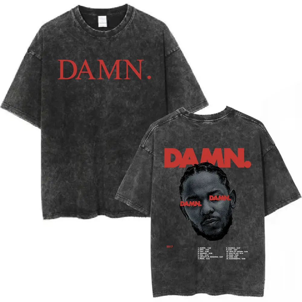 Black distressed cotton t-shirt with bold red damn text and kendrick lamar butterfly graphic hip hop streetwear design