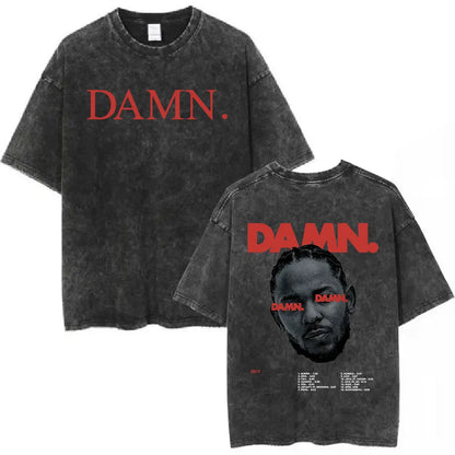Black distressed cotton t-shirt with bold red damn text and kendrick lamar butterfly graphic hip hop streetwear design