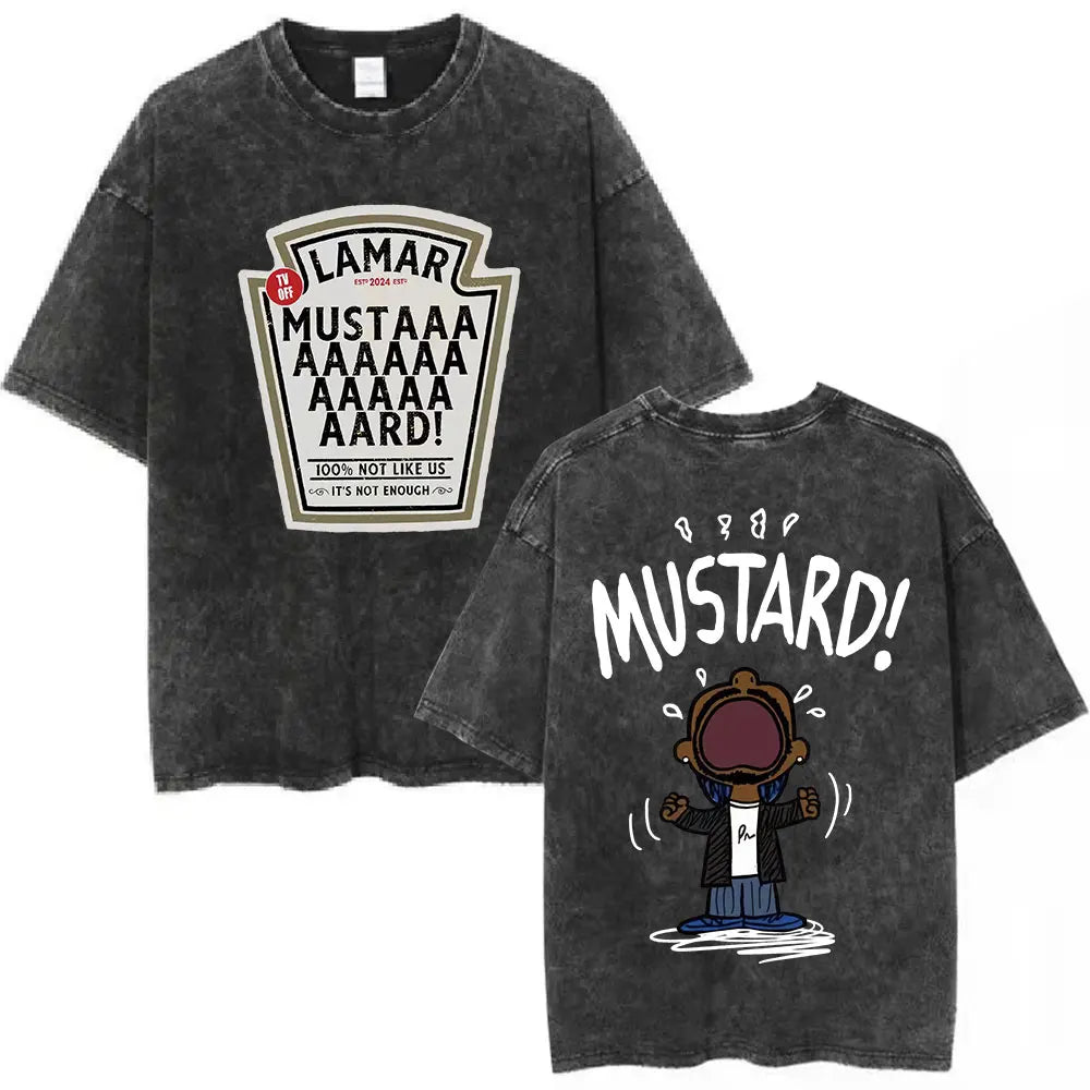 Black distressed cotton t-shirt featuring rapper kendrick lamar hip hop streetwear butterfly graphic with mustard label design