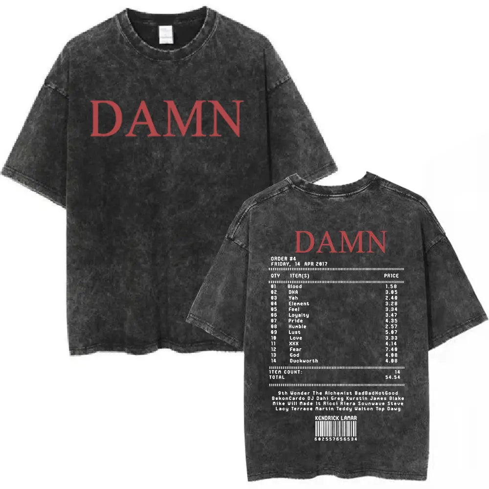 Black distressed cotton rapper kendrick lamar t shirt with faded red damn lettering and back butterfly graphic print
