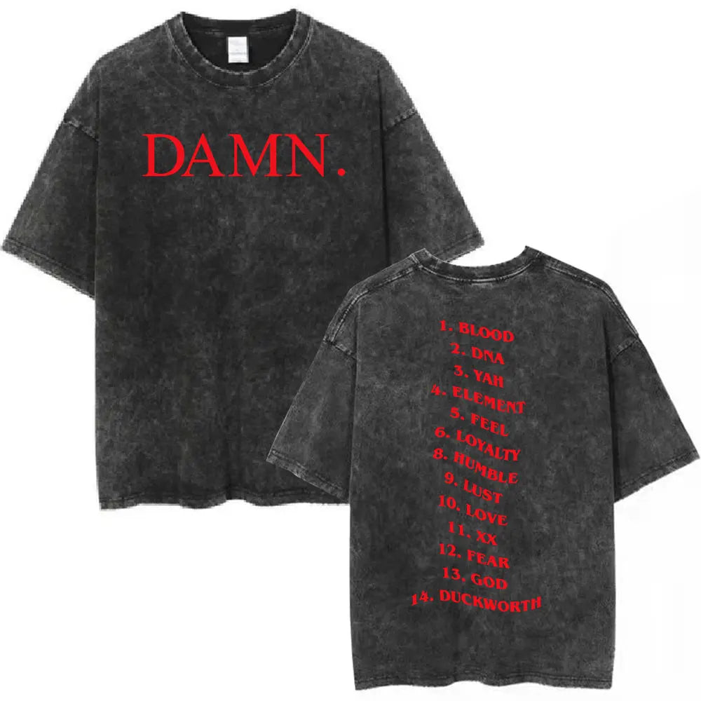 Black distressed cotton t-shirt with bold red damn text front and vertical track list on back rapper kendrick lamar hip hop streetwear