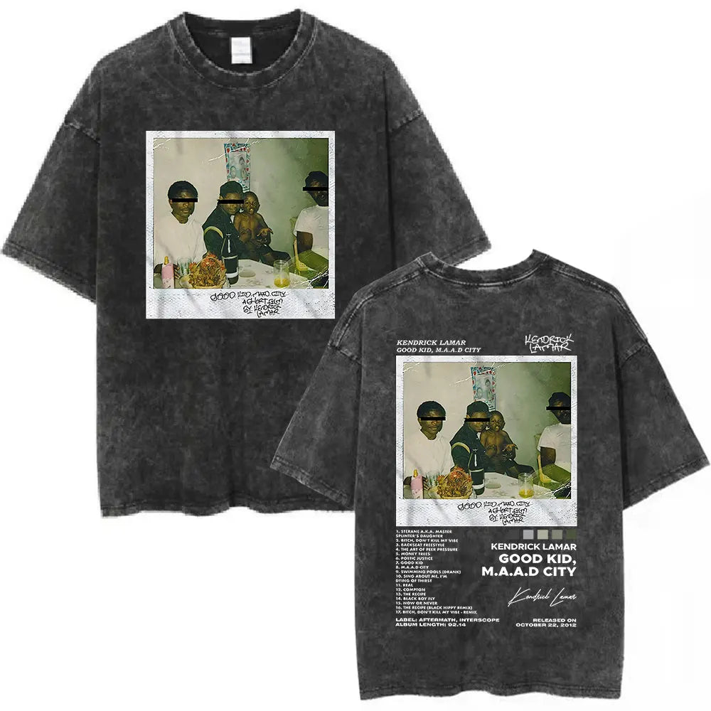 Black distressed cotton t-shirt featuring vintage rapper Kendrick Lamar good kid maad city photo print front and back for hip hop streetwear