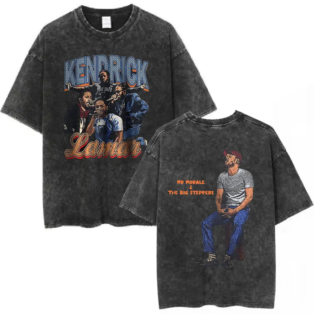 Black distressed cotton oversized t shirt featuring vintage butterfly graphic and rapper kendrick lamar for hip hop streetwear