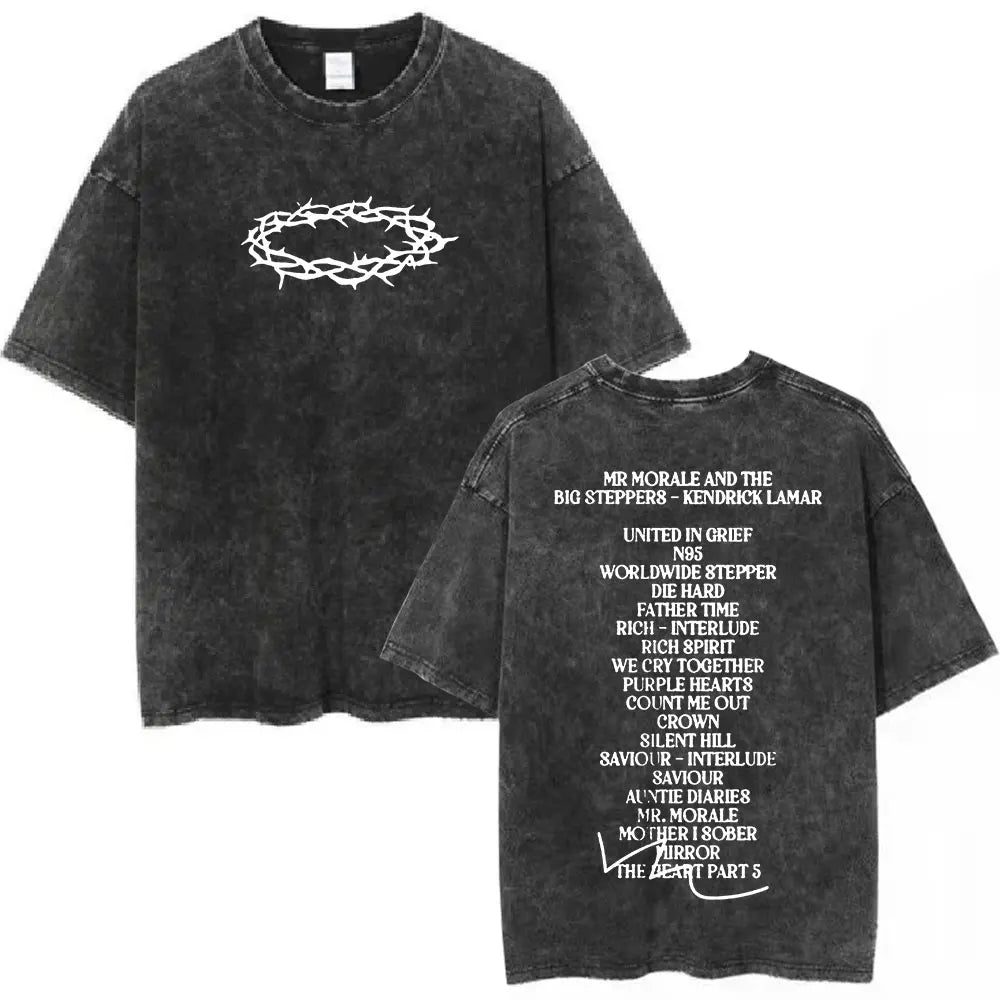 Black distressed cotton t-shirt with white thorn crown and full mr. in a butterfly tracklist for rapper kendrick lamar hip hop streetwear