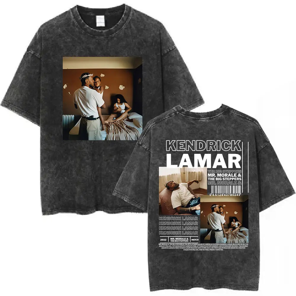 Black distressed cotton t-shirt featuring rapper Kendrick Lamar and butterfly graphic for hip hop streetwear