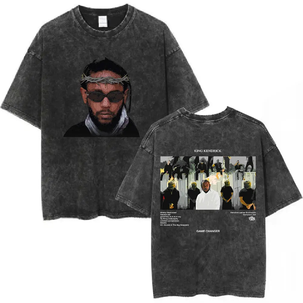 Black distressed cotton t-shirt featuring rapper kendrick lamar front graphic and butterfly graphic album cover back design