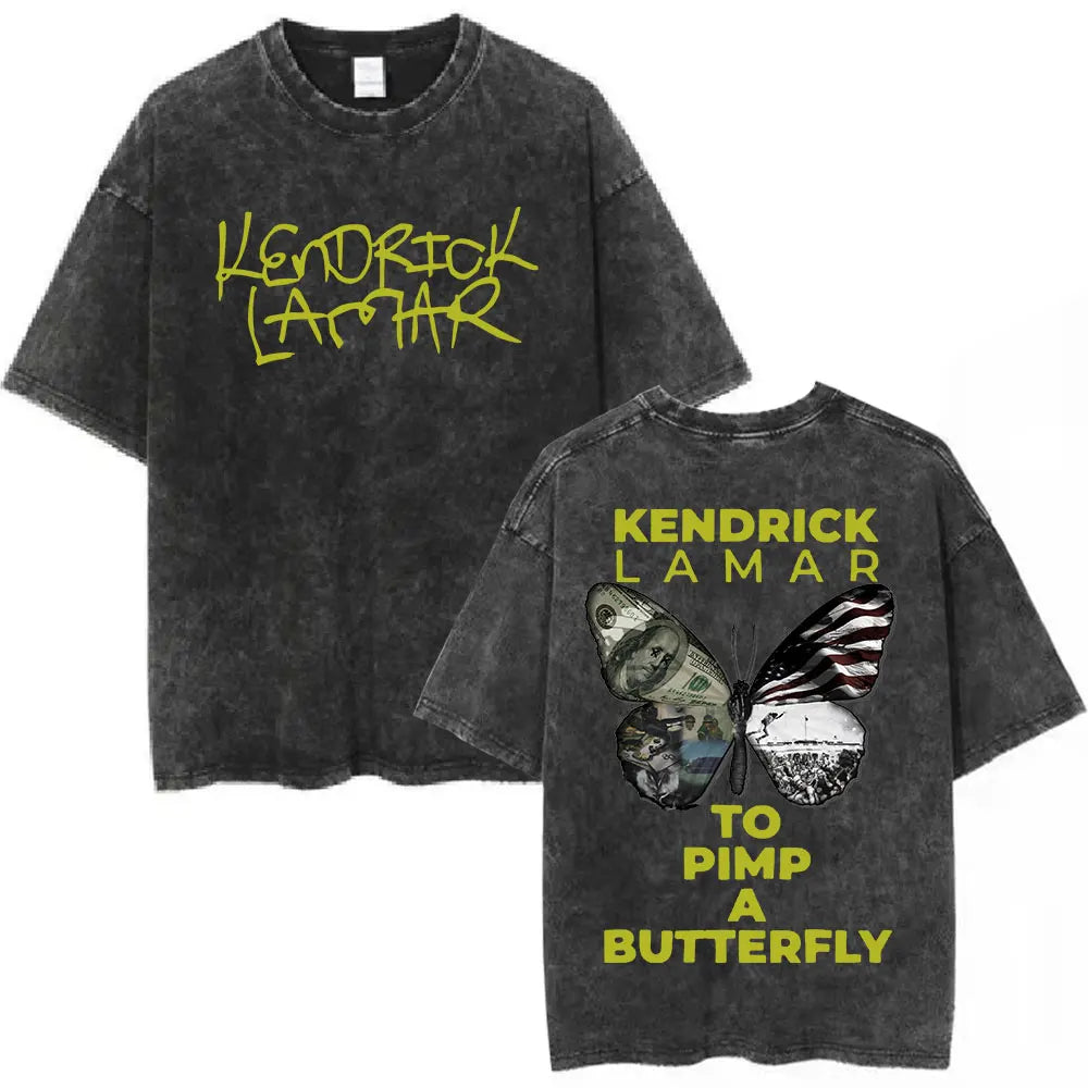 Black distressed cotton t-shirt featuring neon yellow rapper kendrick lamar text and butterfly graphic on the back for hip hop streetwear