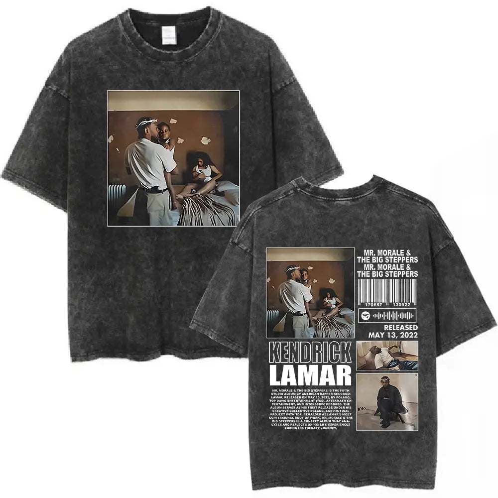 Black distressed cotton t shirt with rapper kendrick lamar butterfly graphic for hip hop streetwear fans