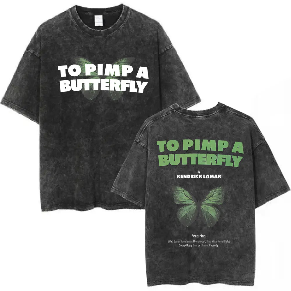 Black distressed cotton t-shirt featuring rapper kendrick lamar butterfly graphic in white and green hip hop streetwear design