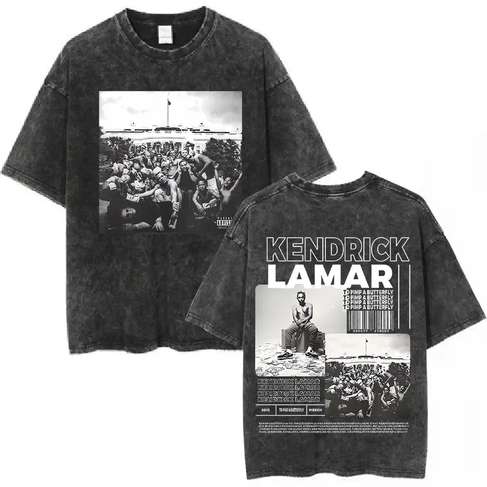 Black distressed cotton t-shirt featuring rapper kendrick lamar hip hop streetwear butterfly graphic print design
