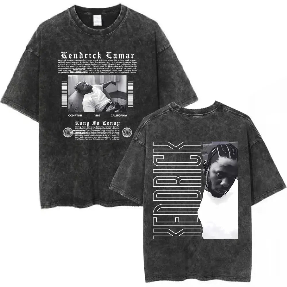 Black distressed cotton t shirt featuring rapper kendrick lamar butterfly graphic and bold back hip hop streetwear design