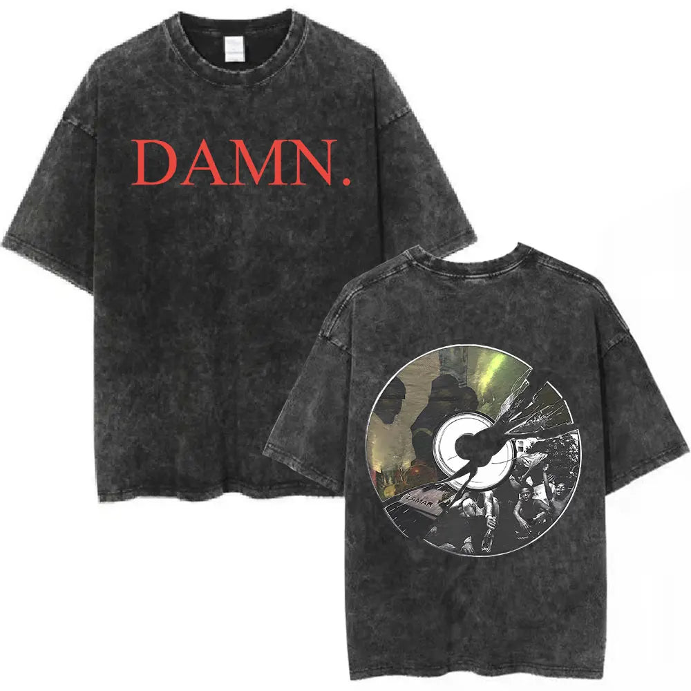 Black distressed cotton t-shirt featuring bold red damn lettering front and broken cd butterfly graphic back for hip hop streetwear
