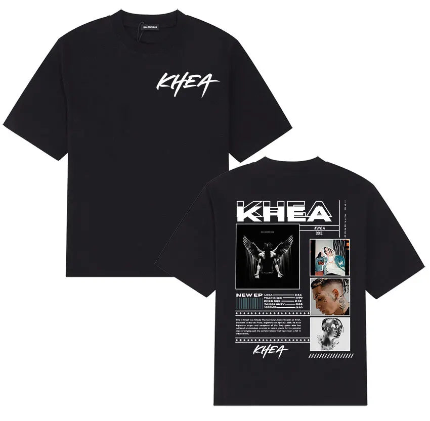 Black cotton rapper khea tour 2026 graphic t shirt with white logo front and album collage on back streetwear style