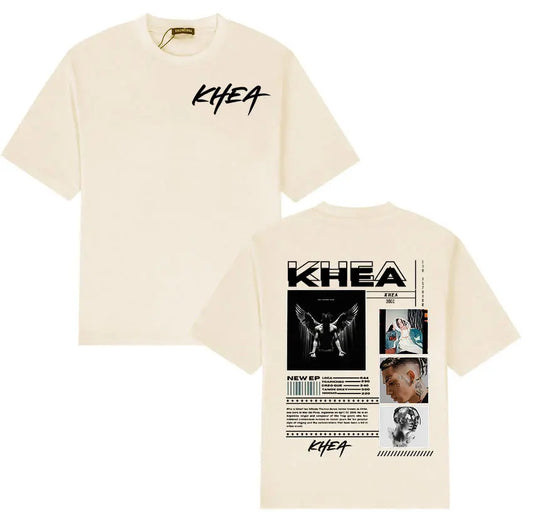 Cream-colored khea tour 2026 graphic t shirt with bold black angelic design and text on front and back unisex cotton streetwear