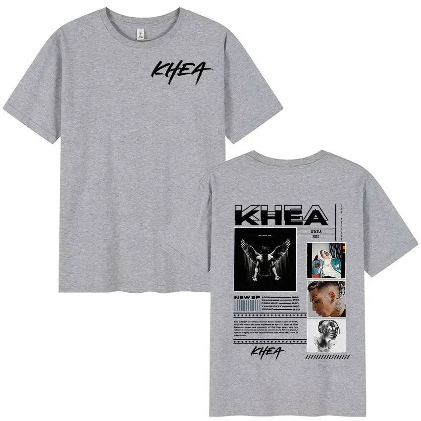 Gray khea t shirt featuring black graphic text and images on cotton hip hop streetwear for unisex oversized fit