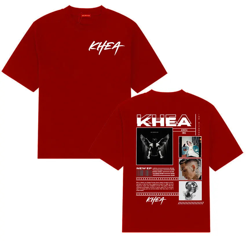 Red KHEA tour 2026 cotton t-shirt with bold white graphic album art on front and back, oversized hip hop streetwear
